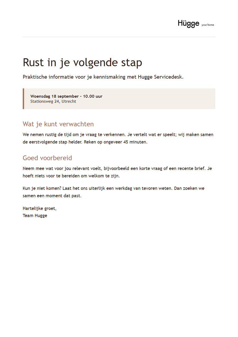 Voorvertoning van een Hügge document met afspraakdetails