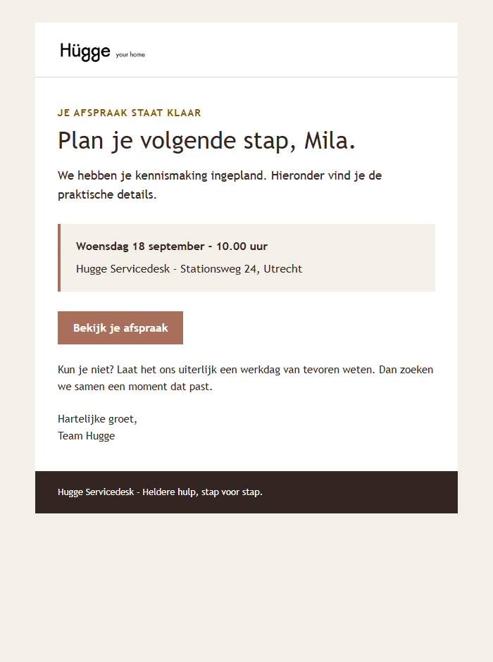 Voorvertoning van een Hügge afspraakbevestiging per e-mail